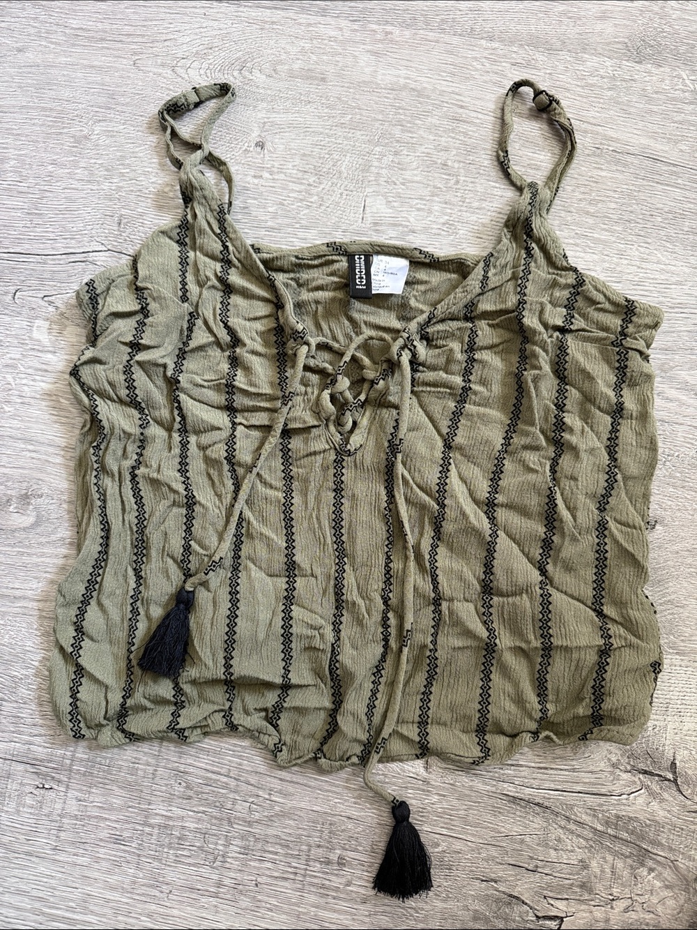 H&M Olive Green Striped Lace-Up Tassel Crop Tank-top